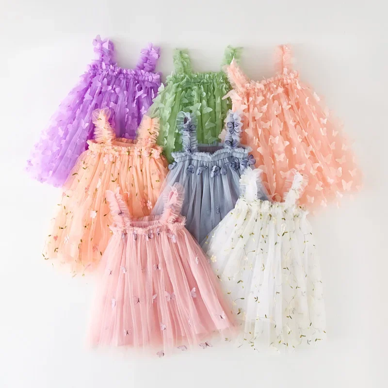 Baby Girl Party Dress Princess Birthday Clothes Back Bow Wing cinturino in tinta unita abito in Tulle Summer paillettes Stars Mesh Baby Dress