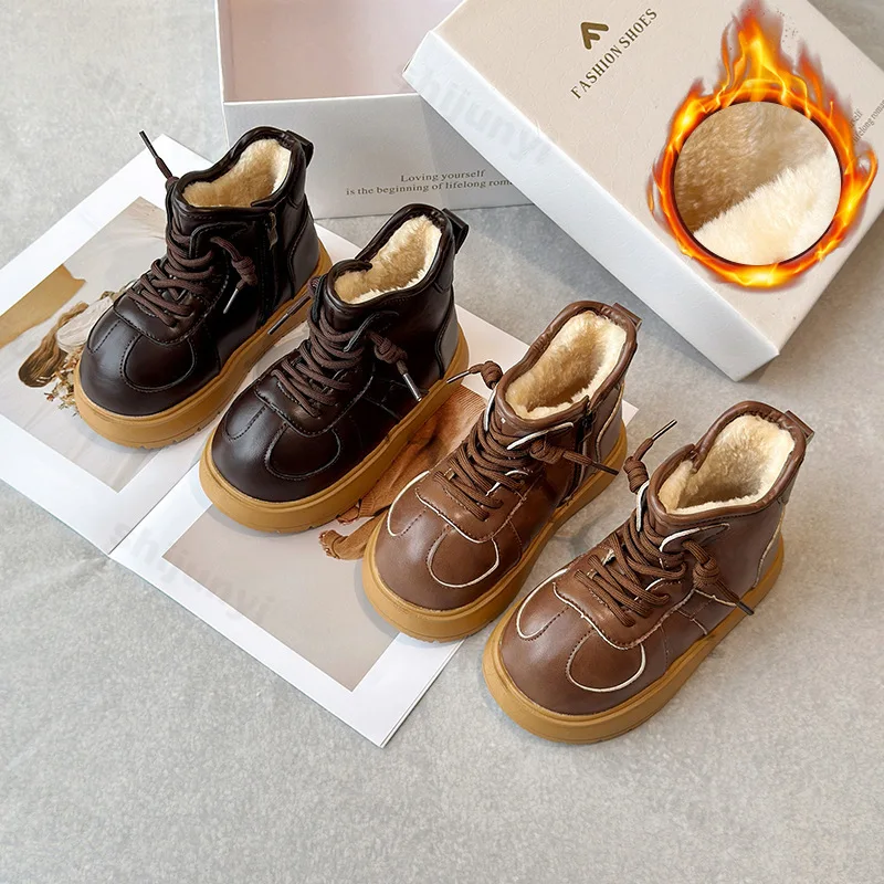 

Детские теплые толстые высокие зимние ботинки в стиле ретро, модные универсальные плюшевые удобные нескользящие хлопковые ботинки для мальчиков 2023 г.