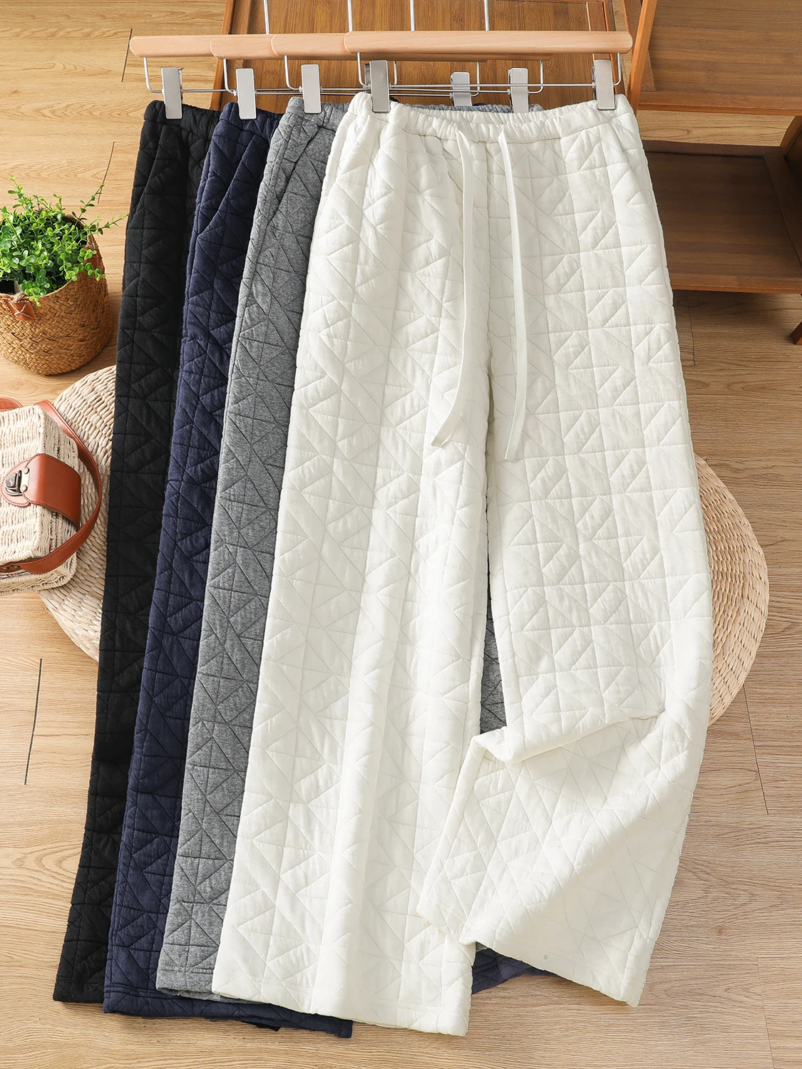 Authentic 2026 Autumn Winter Loose Straight Wide Leg Pants Diamond Cotton Women's Jacket Cotton Outerwear Casual Trousers