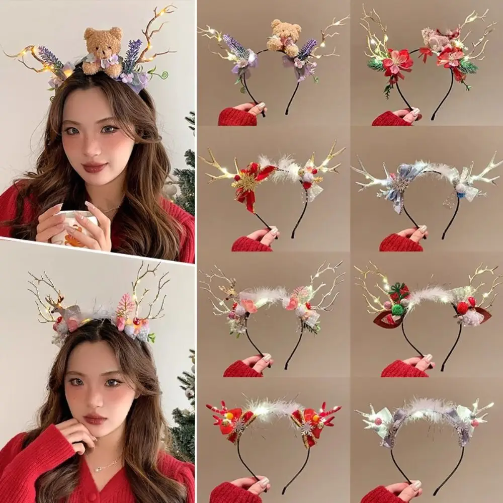 

Cute Plush LED Christmas Headband Glowing Elk Hair Hoop Glitter Antlers Headband Fawn Horn Santa Glowing New Year Headband Girl