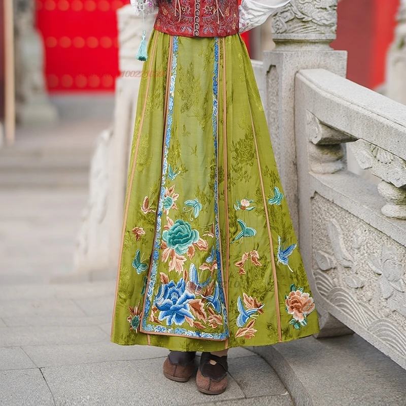 2024 chinese vintage skirt national flower embroidered satin jacquard skirt oriental traditional folk a-line elastic waist skirt