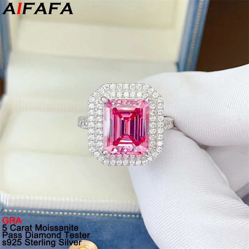 5 Carat Radiant Cut Moissanite Rings s925 Silver Pink Emerald Cut Lab Diamond 4 Color Rectangle Moissanita Fine Jewellery GRA