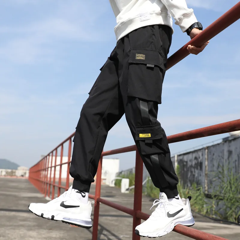 Classic Streetwear Casual Men Ribbons Harem Jogging Pants Male Slim Fit Spring Cargo Pants Multi-Pockets Women Trousers K94