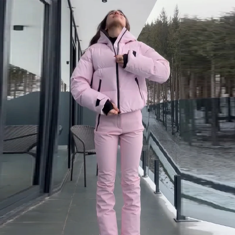 

Winter Thickened Sports Suit Womens Pink Turtleneck Hooded Cotton Jacket Zipper Straight Pants Warm Outdoor Windproof Ski Suit