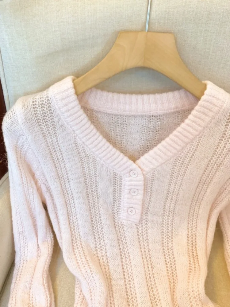 الحلو الوردي V-Ne طويل Sve محبوك قاعدة irt المرأة Faion الخريف الشتاء سليم صالح ملابس داخلية سترة بسيطة Sle #2