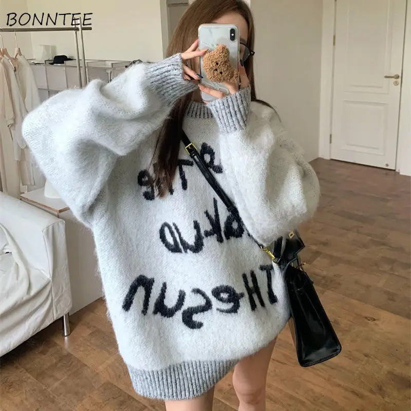 

Pullovers Women Letter Printed Sweater Students Autumn Thicken All-match Knitted Casual Ins Korean Fashion Young Soft Cozy Chic