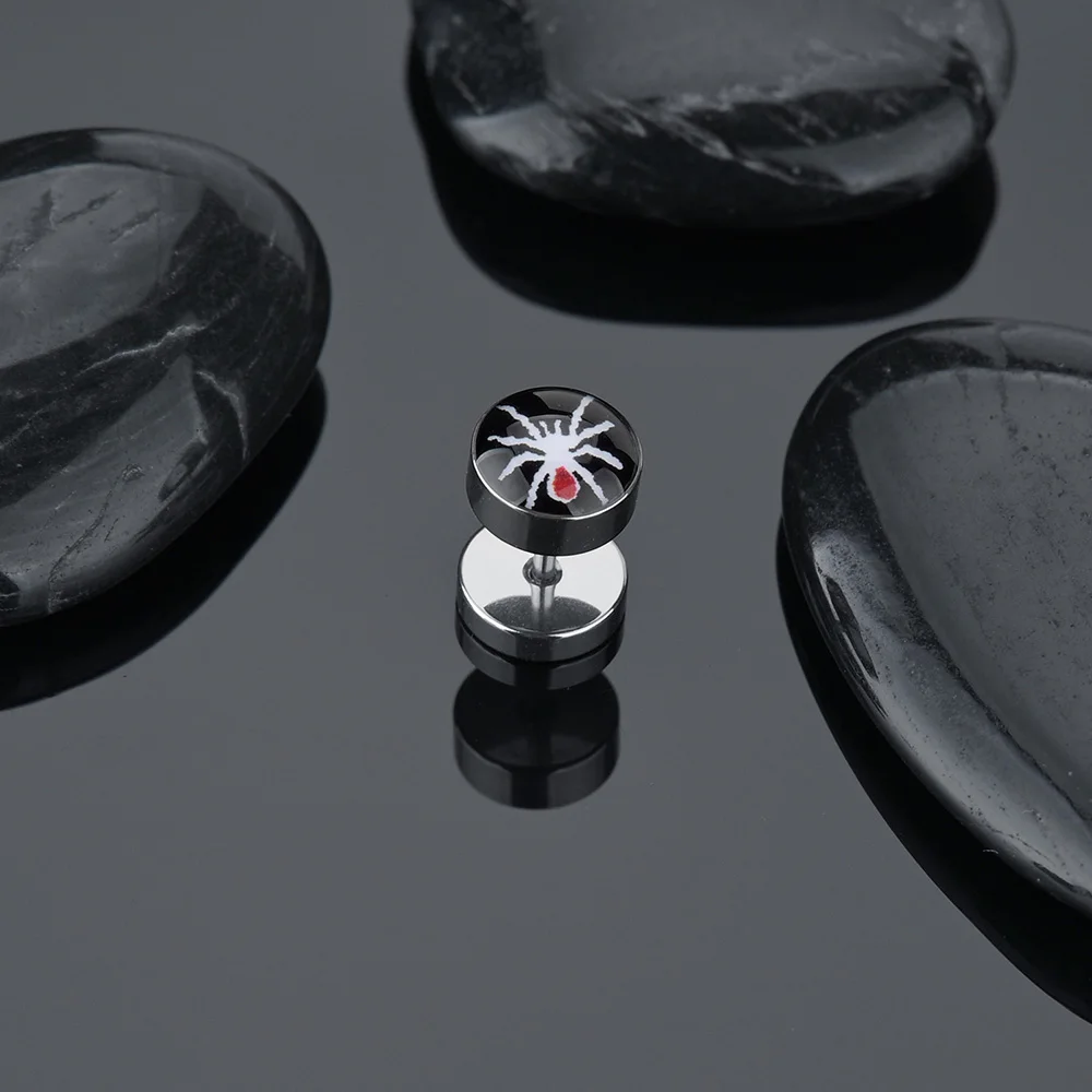 Punk Stainless Steel Barbell Stud Earring For Men Women Spider Scorpion Star Pattern Ear Piercing Hypoallergenic Hiphop Jewelry