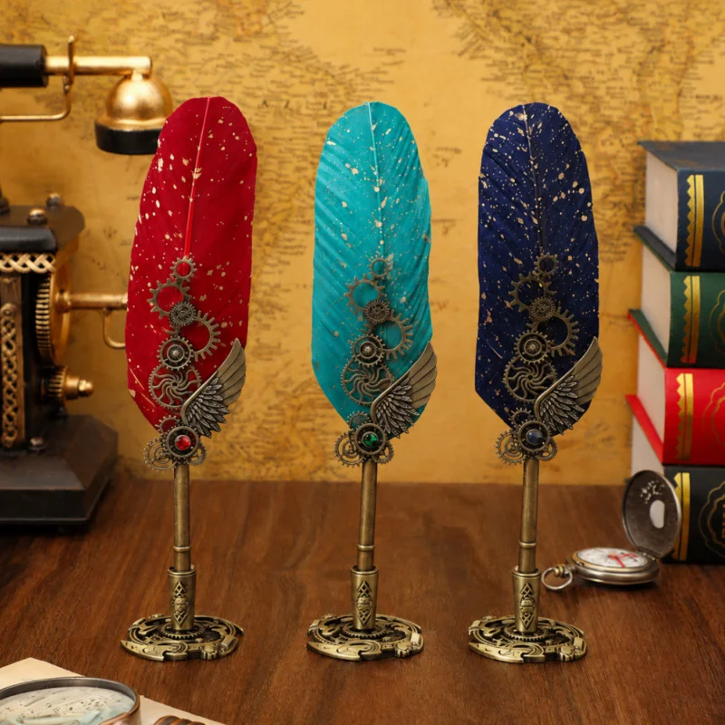 Precision-crafted with intricate mechanical gear detailing and elegant feather design, this writing pen  available in Burgundy R