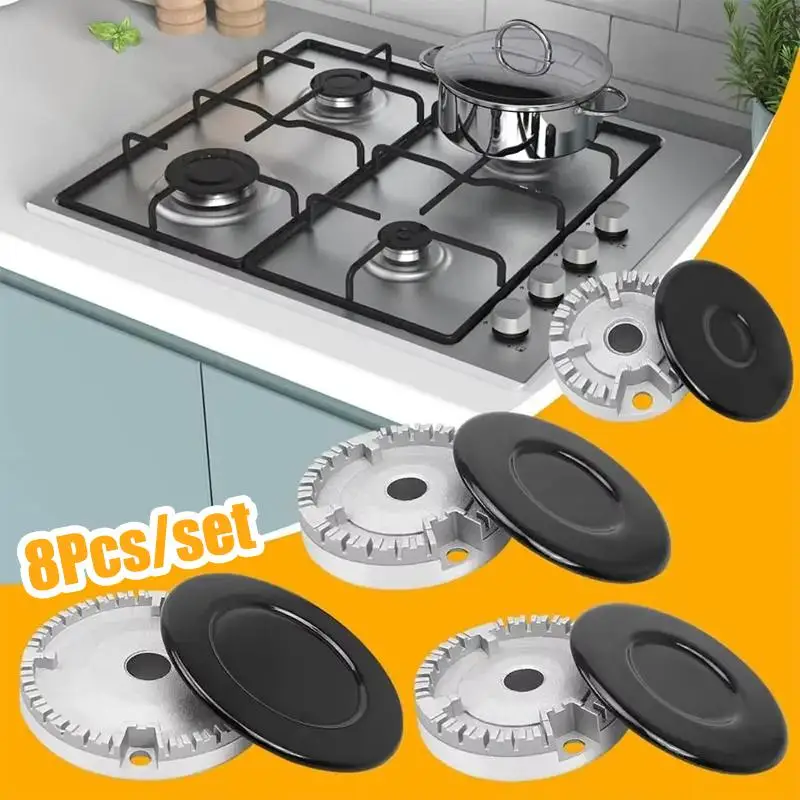 4Pcs/8Pcs Durable Gas Stove Burner Caps With Uniform Flame And Even Gas Holes Perfect For Home Kitchen Cooking Replacement..