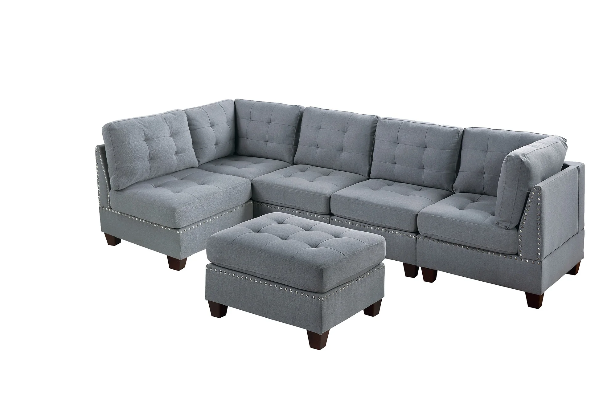 

Contemporary Modular Sectional 6pc Set Living Room Furniture Corner Sectional Gray Linen Like Fabric Tufted Nail heads 2x Corner