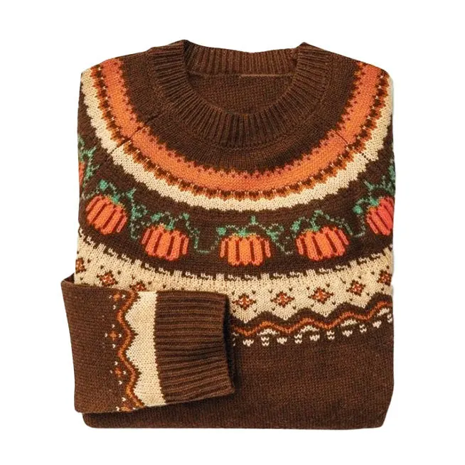 Crew Neck Halloween Pumpkin Jacquard Casual Regular Knit Pullover Top