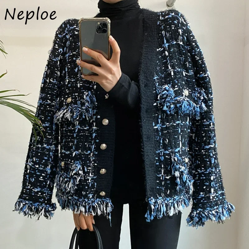 Neploe elegante scollo a v Cardigan lavorato a maglia di colore misto donna sciolto maglione a maniche lunghe cappotto donna nappa frange Cardigan