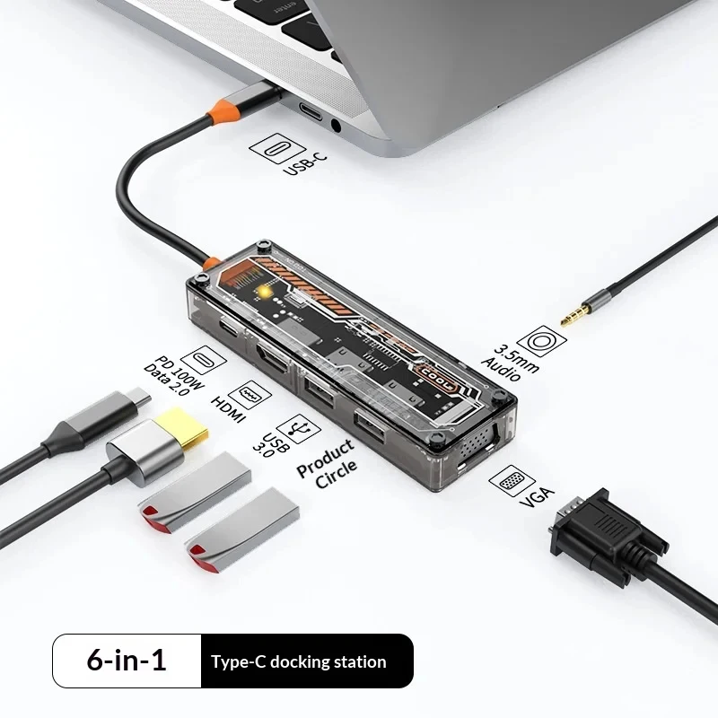 10-Port USB-C Docking Station Transparent Hub with Network Port USB Extender Multifunctional for Laptop