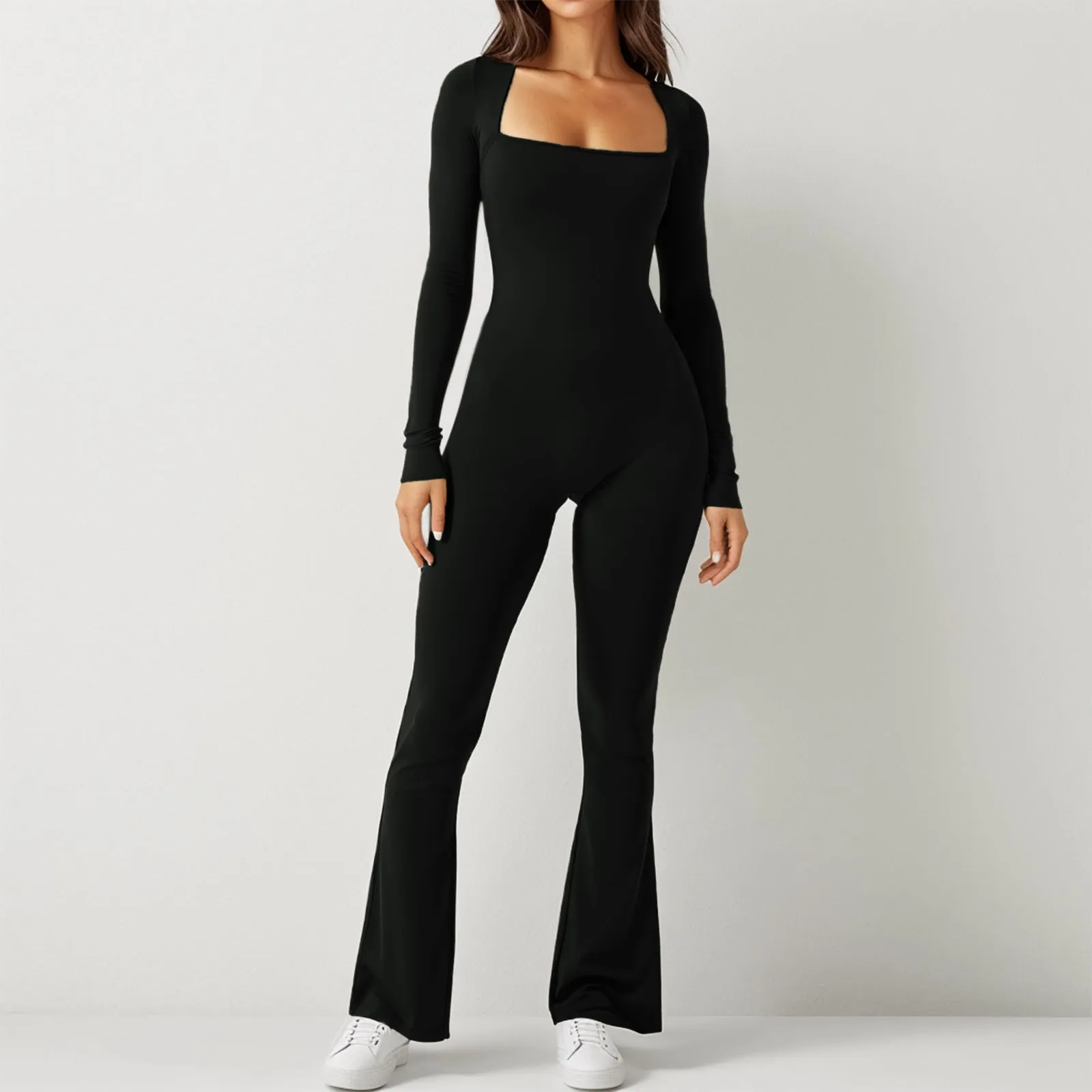 Women'S Long Sleeve Bodysuit Slim Sexy Square Neck Casual Yoga Sports Overalls Plus Size One Pieces Full Length Elegant Jumpsuit