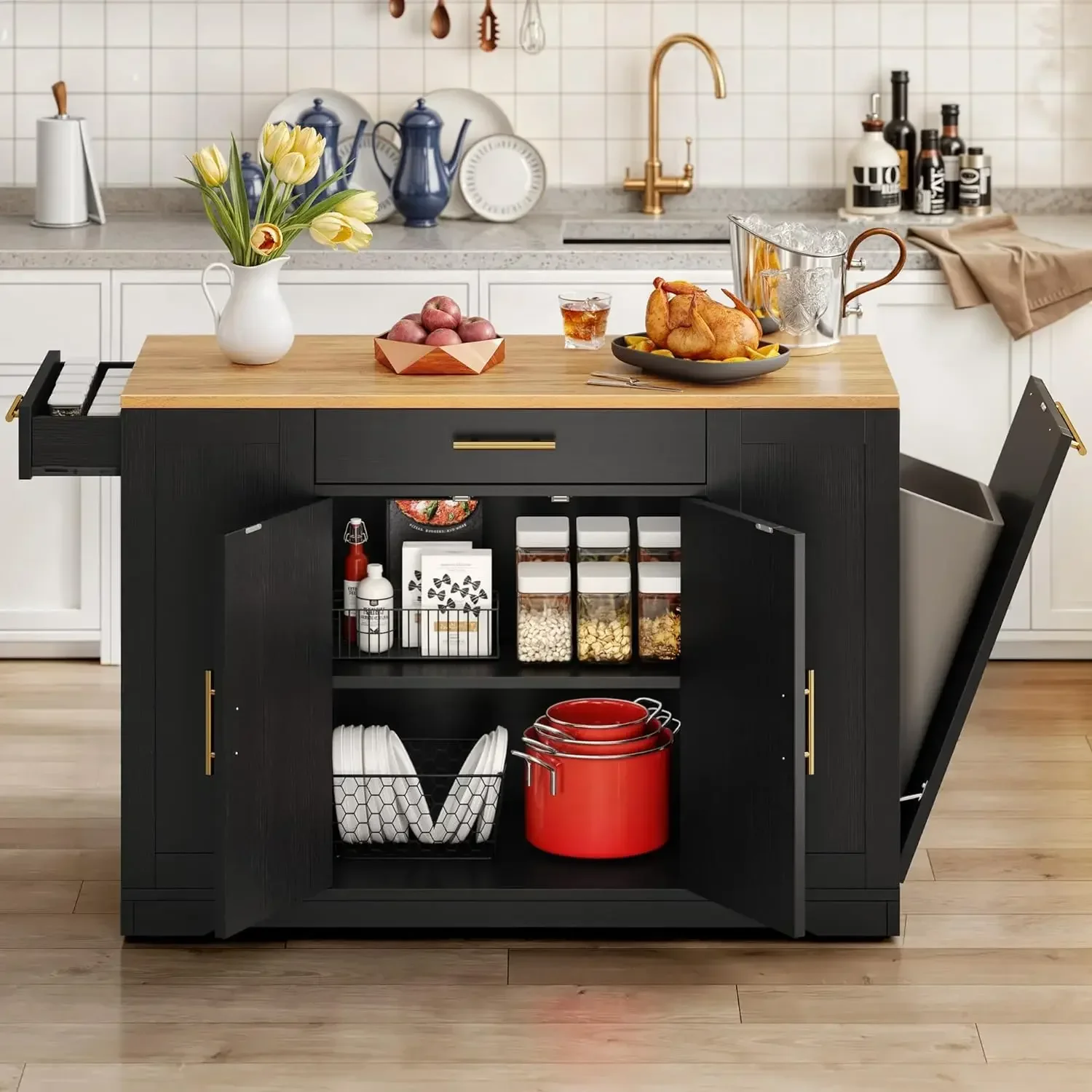 

A Large Rolling Kitchen Island Trash Can Storage Cabinet Spice Shelves Lockable Wheels Mobile Islands Table Prep Counter Safe