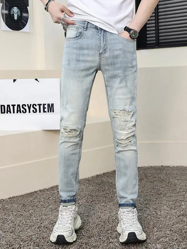

Trendy Brand Men's Jeans Patchwork Printed Slim Fit Casual Wear Summer Lightweight Elastic Hole Design Cotton Stretch Denim