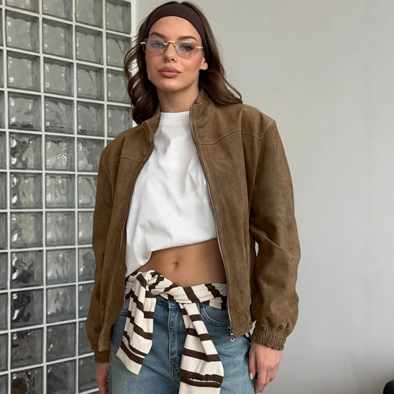 

Tornova Retro Suede Jacket Coat For Women Long Sleeve Stand Collar Short Jacket High Street Autumn Winter Warm Zipper Outwear