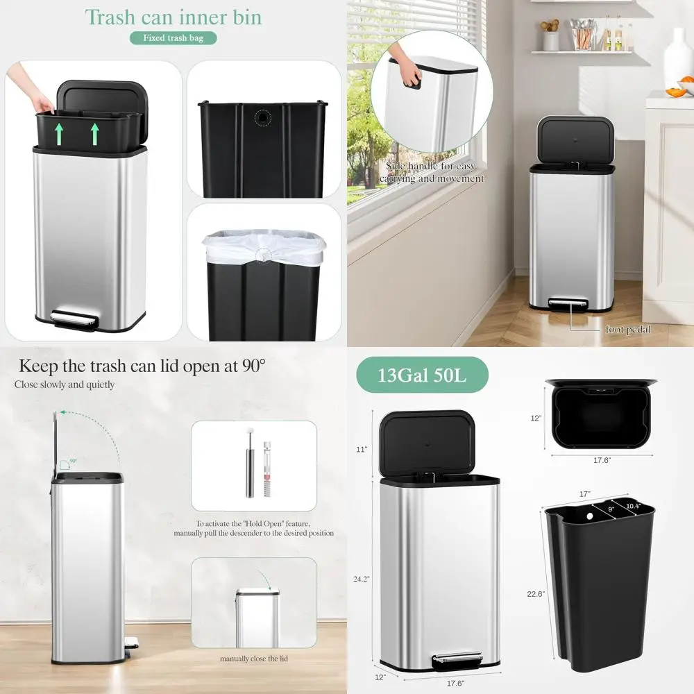 

13.2 Gallon Square Step Trash Can with Lid, Pedal, and Removable Inner Bucket - Silver, Stain-resistant