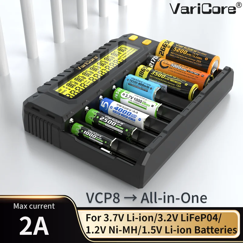 VariCore VCP8 LCD شاحن سريع ل 18650 21700 26650 3.7 فولت ليثيوم أيون 1.2 فولت ni-mh 1.5 فولت ليثيوم أيون 3.2 فولت LiFePO4 بطارية مع اختبار القدرة