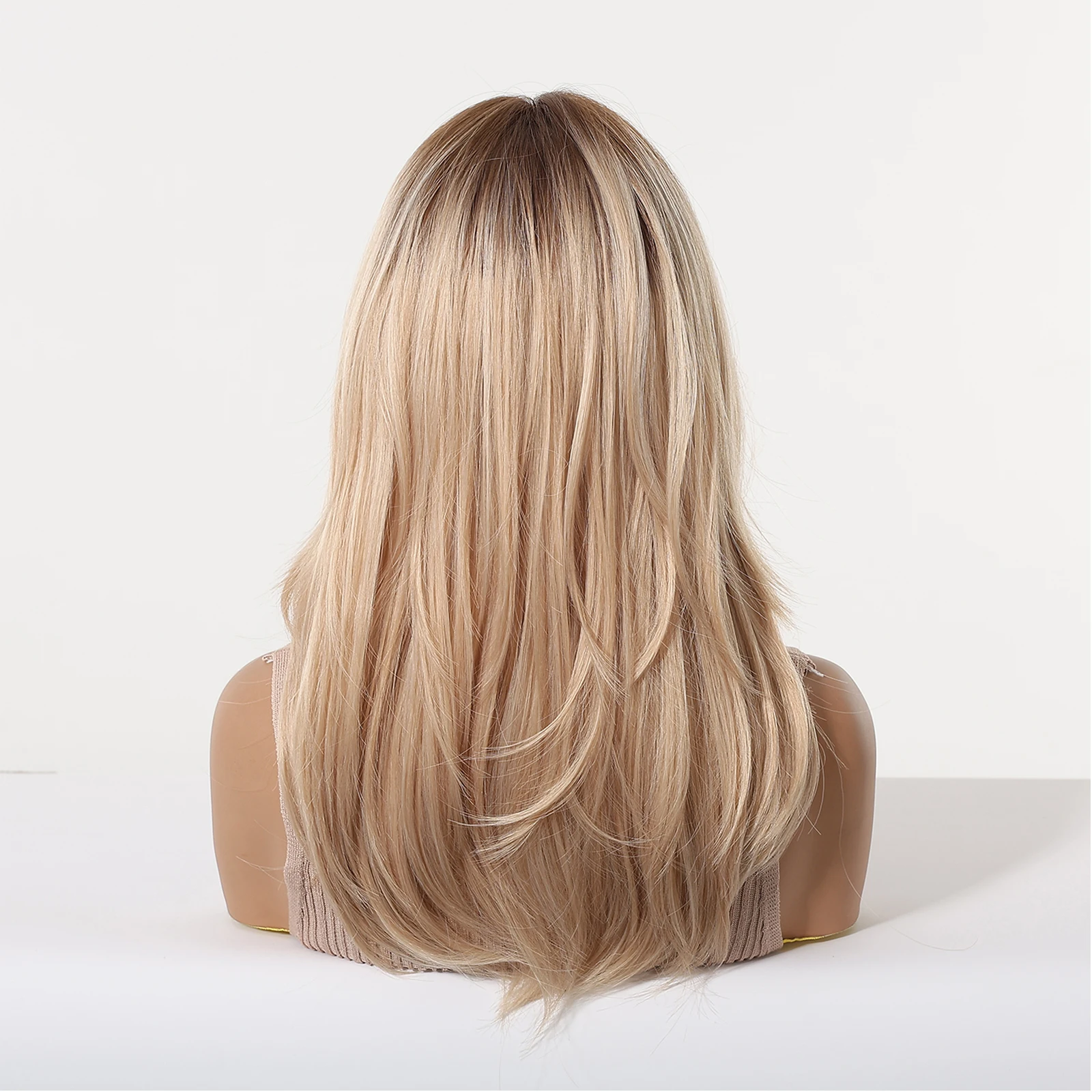Blonde Brown Ombre Medium Wavy Synthetic Wig with Bangs Heat Resistant Natural Looking Hair for Women Daily Wear Party Cosplay
