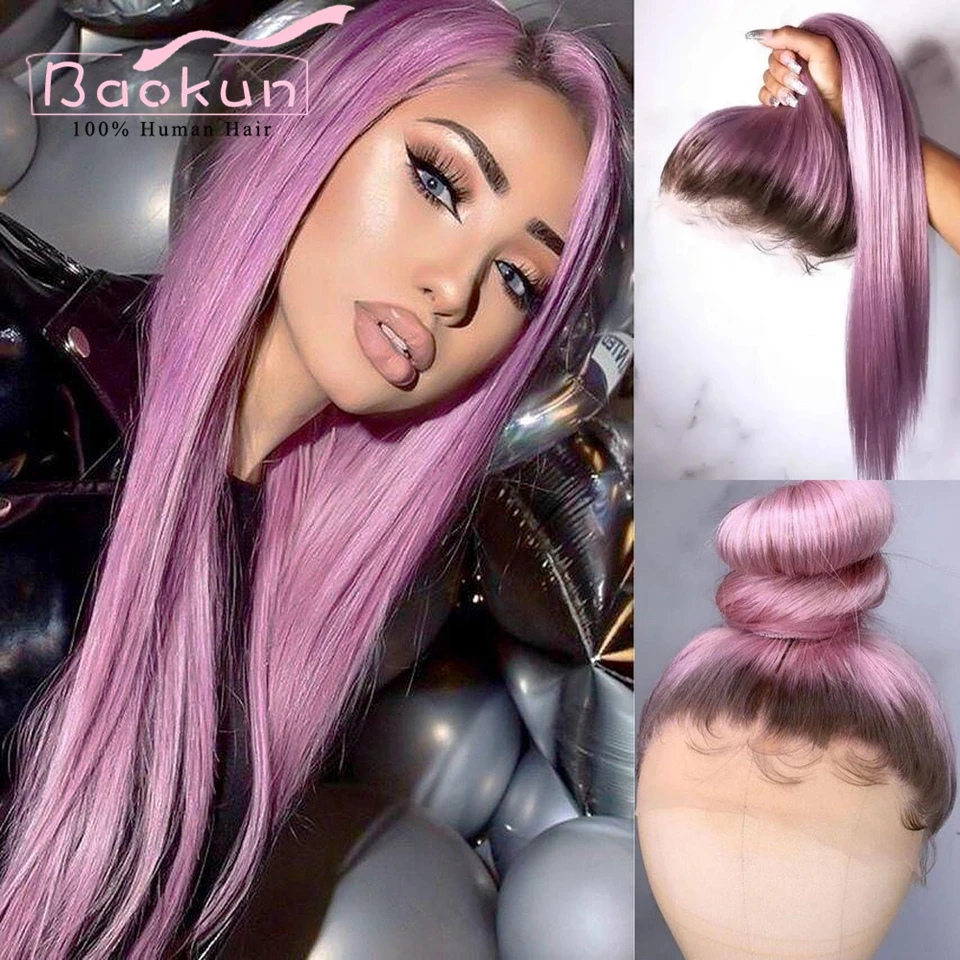 Peluca de cabello humano liso prearrancado, postizo de encaje Frontal, color morado, ombré, rosa, sin pegamento, 13x4, transparente, HD