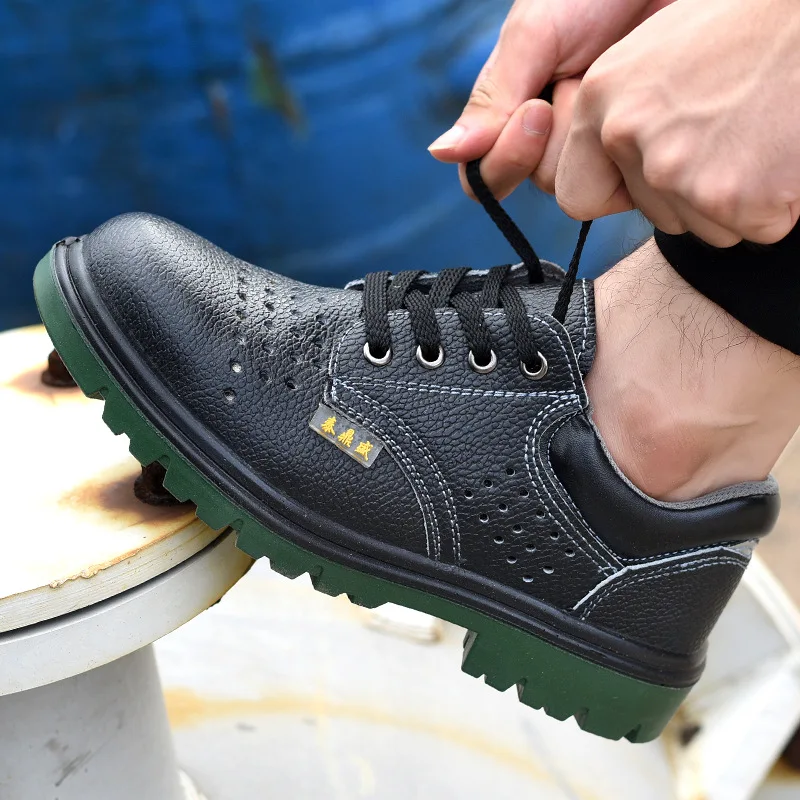 

big size mens casual breathable steel toe caps working safety shoes soft leather summer shoe worker security boots safe footwear