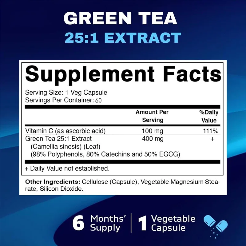 Green Tea Extract, Containing Vitamin C, 25 Times Concentrated, 98% Polyphenols, 80% Catechins, 50% EGCG, 60 Vegetarian Capsules