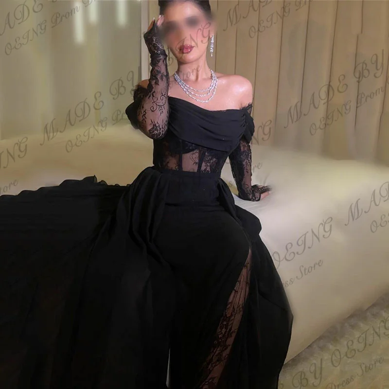 OEING Black Women\'s Evening Dress Elegant Lace Off the Shoulder Princess A Line Prom Gowns Celebrity Party Dress Arab Customized