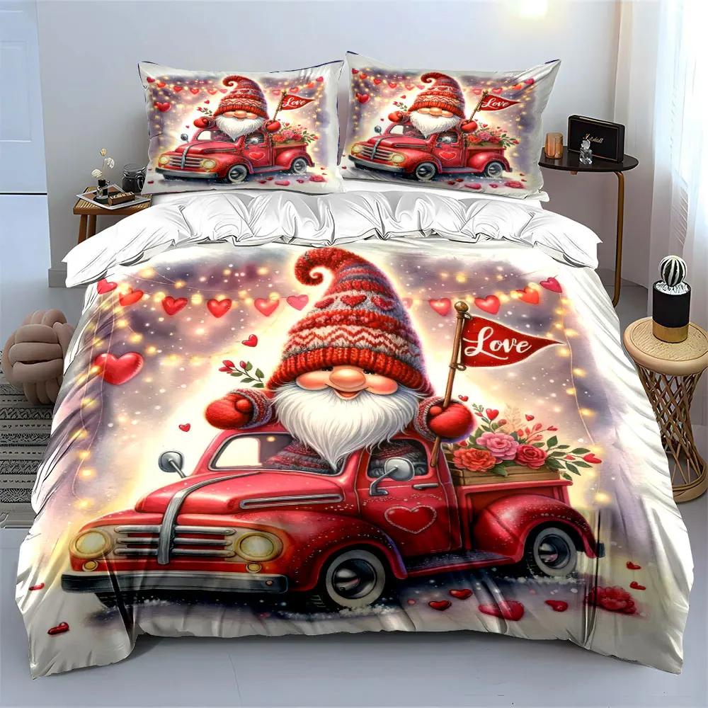Festive Gnome with Love-Themed Truck Print Duvet Cover Bedding Set Included 1*Duvet Cover 2*Pillowcases Luxury gifts