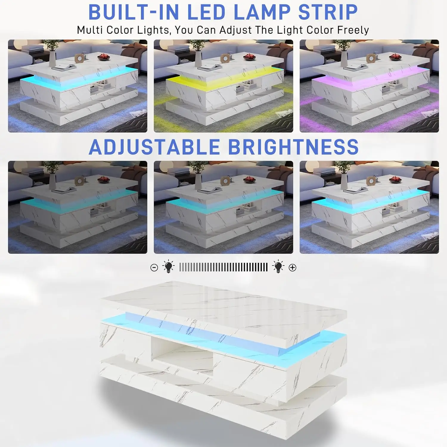 Nowoczesny stolik kawowy LED o wysokiej połysko, 120 cm (47,2 cala), z 2 wysuwanymi szufladami, dwuwarstwowe stoliki centralne z oświetleniem LED, możliwość personalizacji.