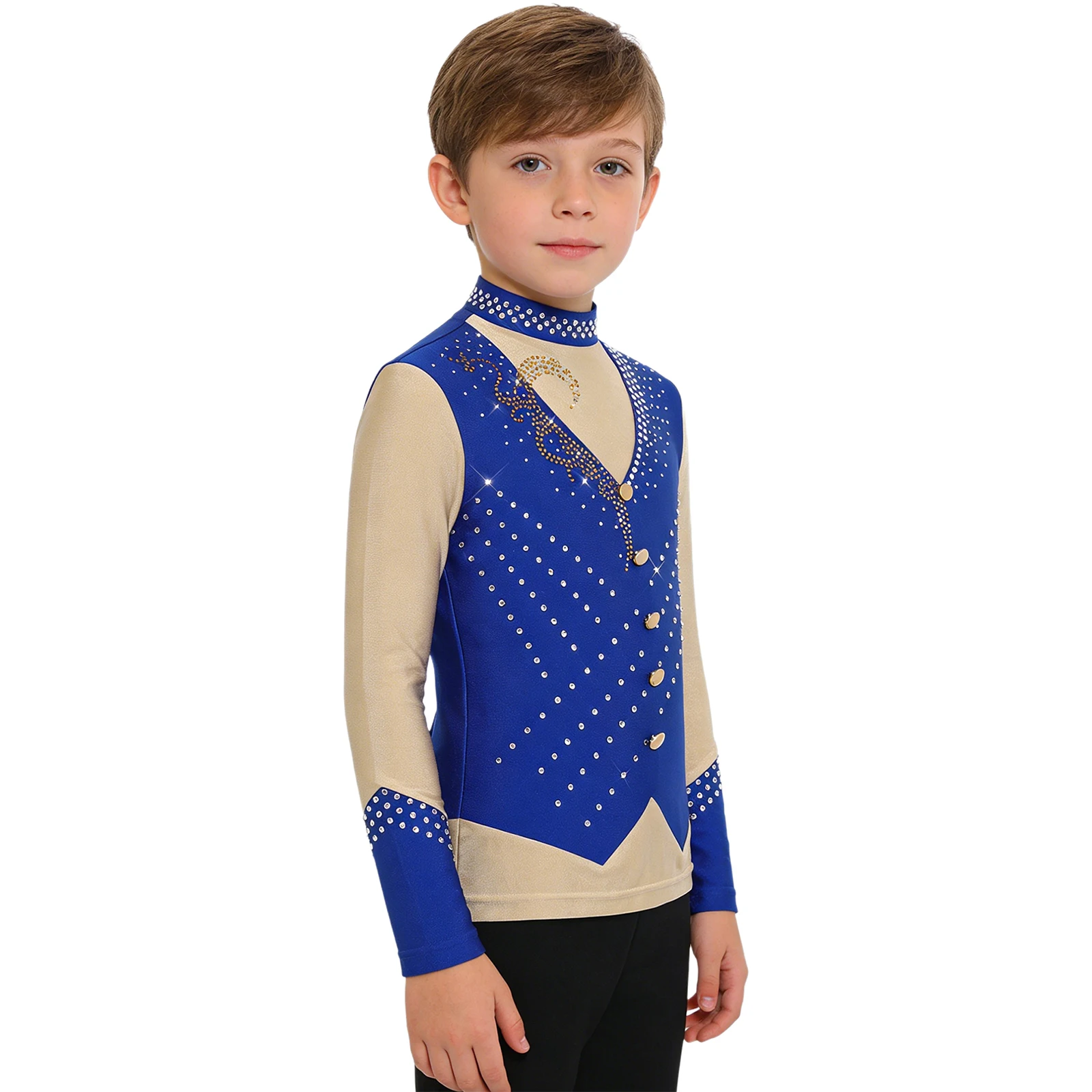 Kids Boys Ice Figure Skating Dance Costumes Shirts Sparkly Rhinestones Long Sleeve Contrast Color Top for Skating Competition