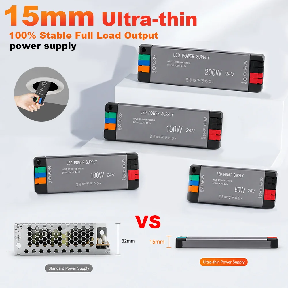 Full Power LED Transformer 15mm Ultra-thin 100W-60W 100% Power Quick Heat Dissipation Lighting Power Supply Ceiling Bedroom Mall