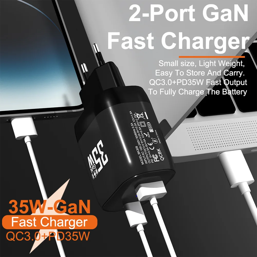 GaN USB tipo C carregador de telefone, carregamento rápido portátil, QC 3.0 adaptador de energia para iPhone 15, 14, 13, Samsung, Huawei, 35W