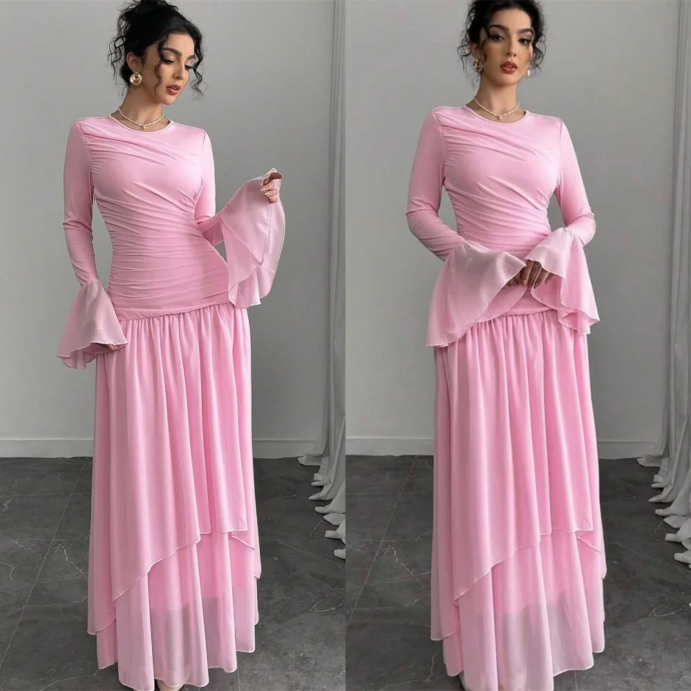 

Customized Fashion Dresses 2025 Woman Modern Pink Chiffon Evening Dress Graceful Crew Neck Long Sleeves Bespoke Occasion Gowns