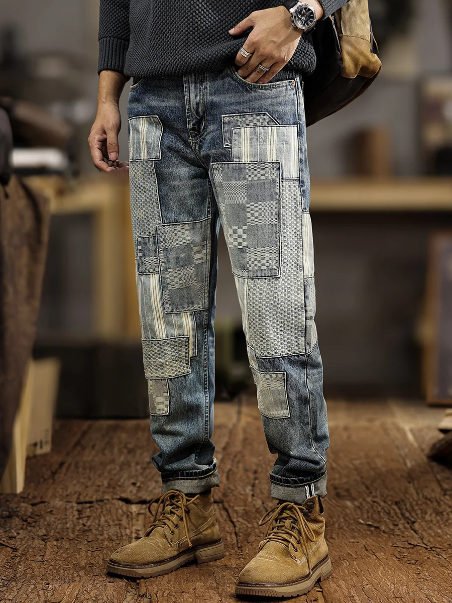 

Мужские джинсы в стиле ретро, американские, с лоскутным узором, прямого кроя, свободные, повседневные, длинные брюки, осенний сезон, молодежный модный тренд