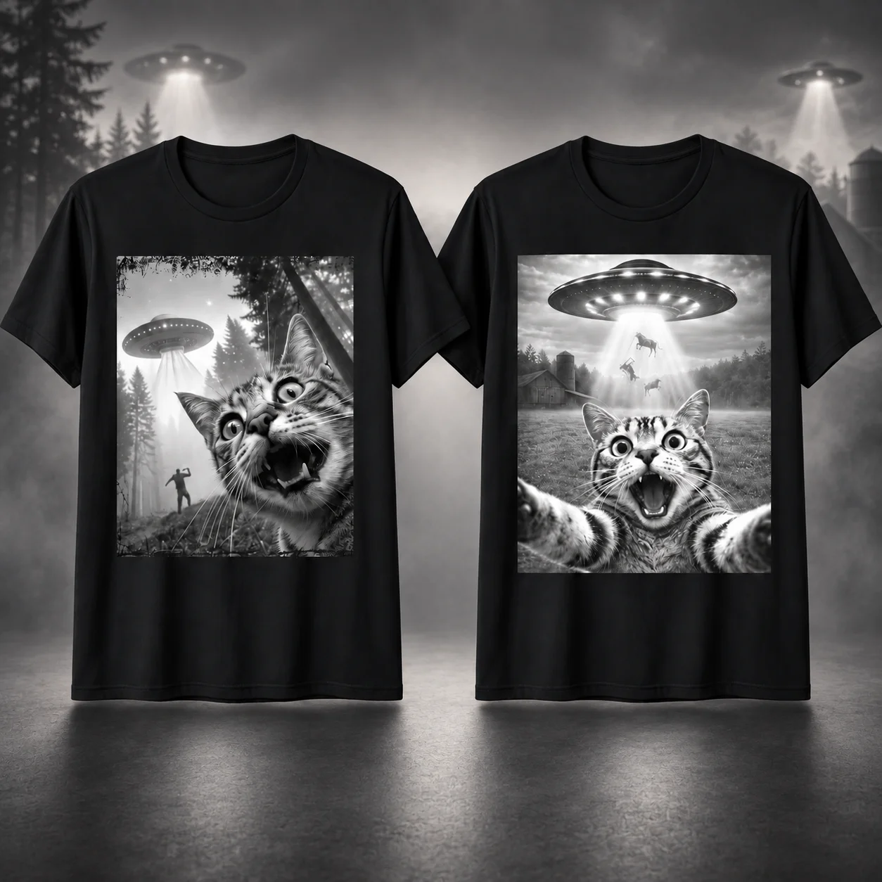 Hot Sale High-quality Men's Funny Cat Selfie with UFO Print T-shirt Casual Streetwear Short Sleeve High Quality Tops 2026 Summer
