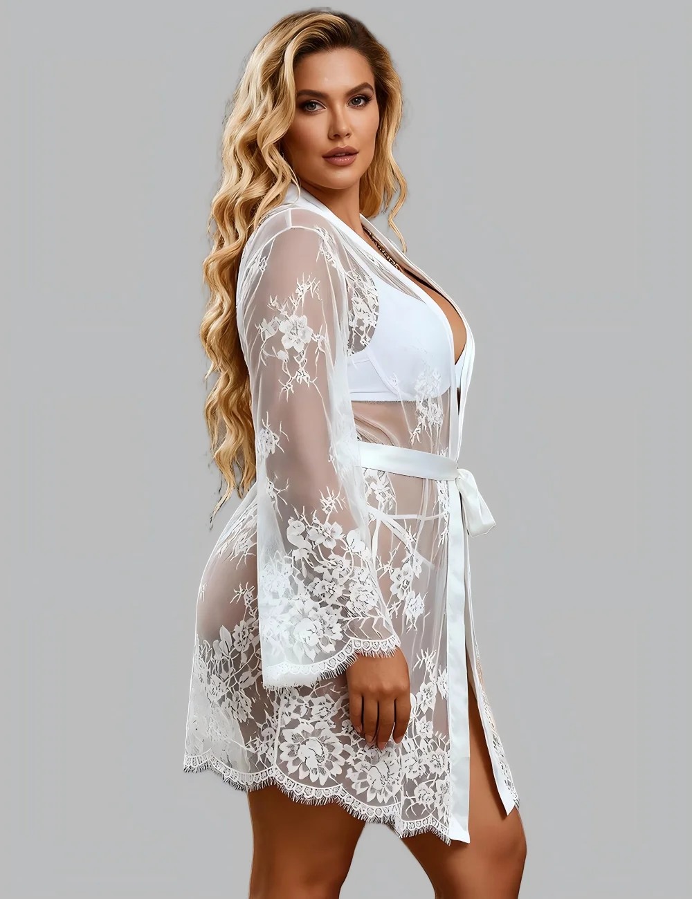 Plus Size Long Sleeve Robe Sexy Eyelash Pure White Sleepwear Skirt See Through Curve Nightgown Lingerie Belts Lace Nightdress