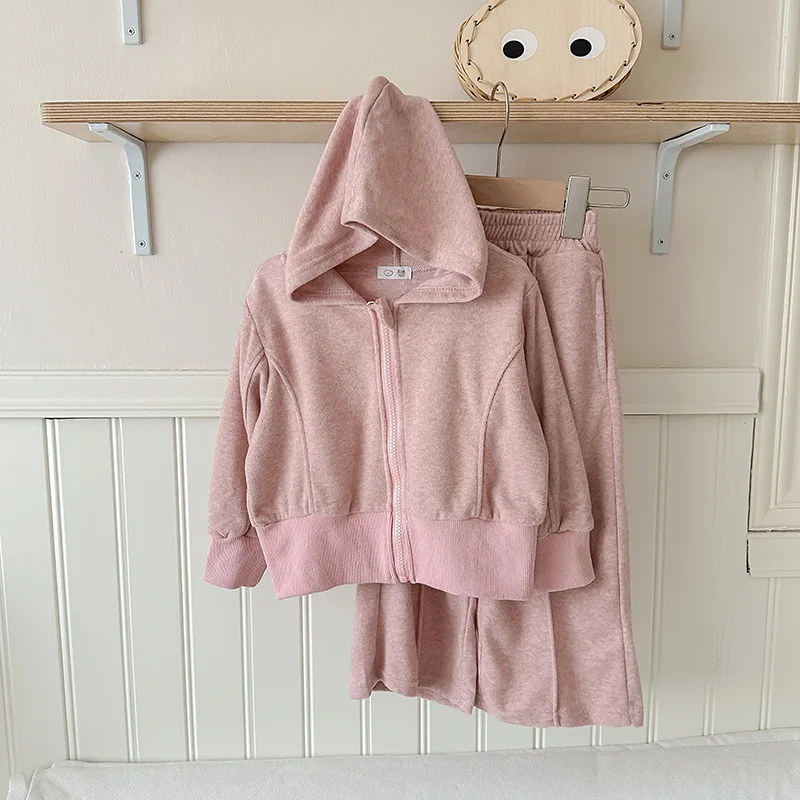 Junior Girls 2 Piece Clothes Set Cotton Baby Girl Hooded Elastic Hem Coat Kid Girl Solid Wide Leg Pant Outfit Children Girl Suit