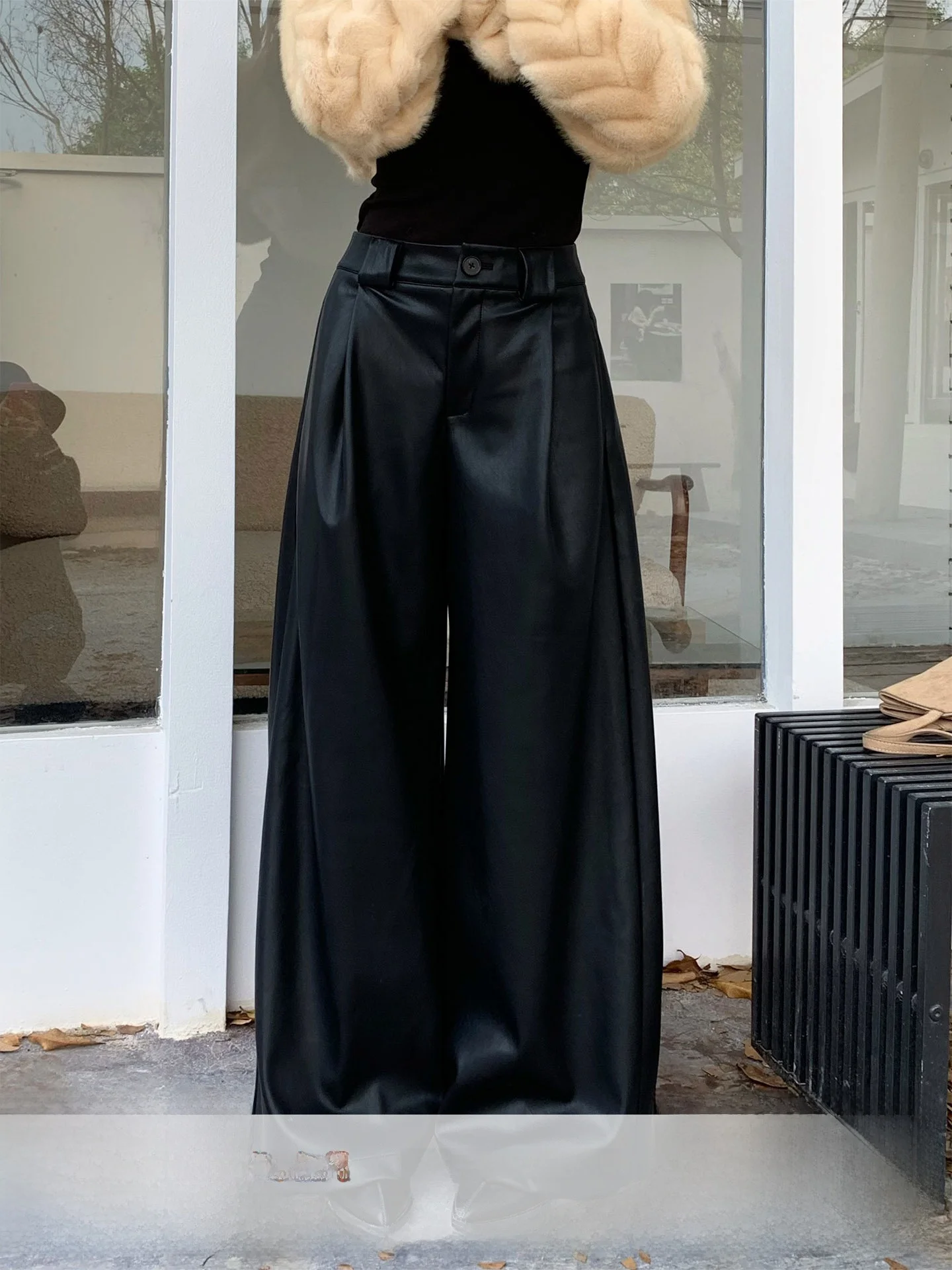 

Bla Fce Lined PU Leather Pants Women's Winter High Waist Wide Leg Casual Trousers Versatile Slimming Casual Pants