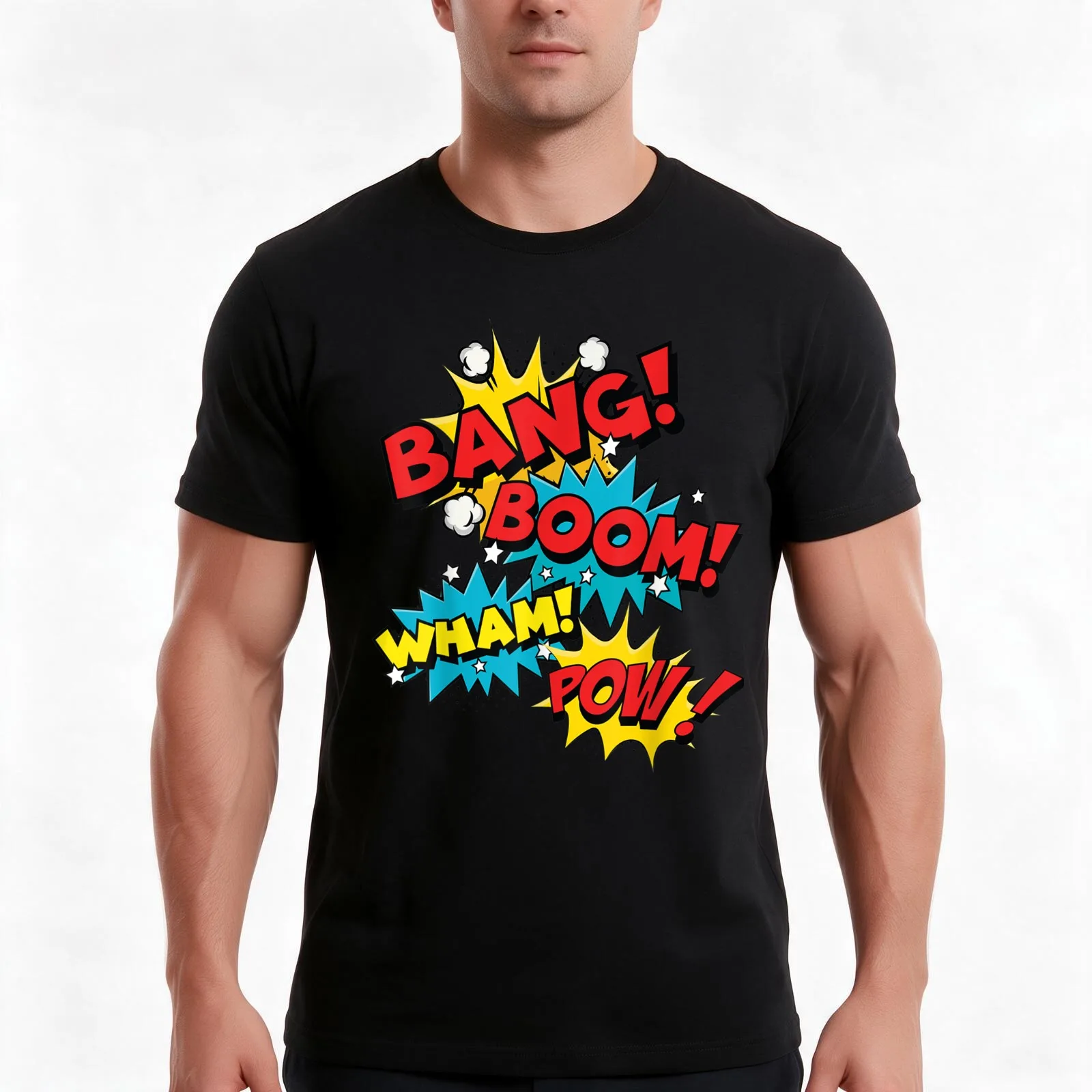 Bang Boom Pow Wham T-Shirt, Summer Casual Cotton Tee, Oversized Streetwear Tops, Vintage Graphic Print, Loose Fit Short Sleeve