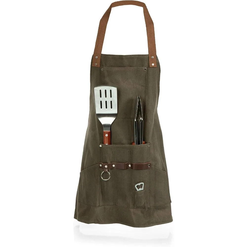 

BBQ Apron with Tools & Bottle Opener, Khaki Green with Beige Accents for Outdoor Cooking