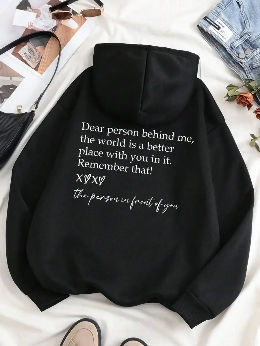 

Black Loose Fit Slogan Print Hoodie for Women - Casual Long Sleeve Pullover, Autumn Winter