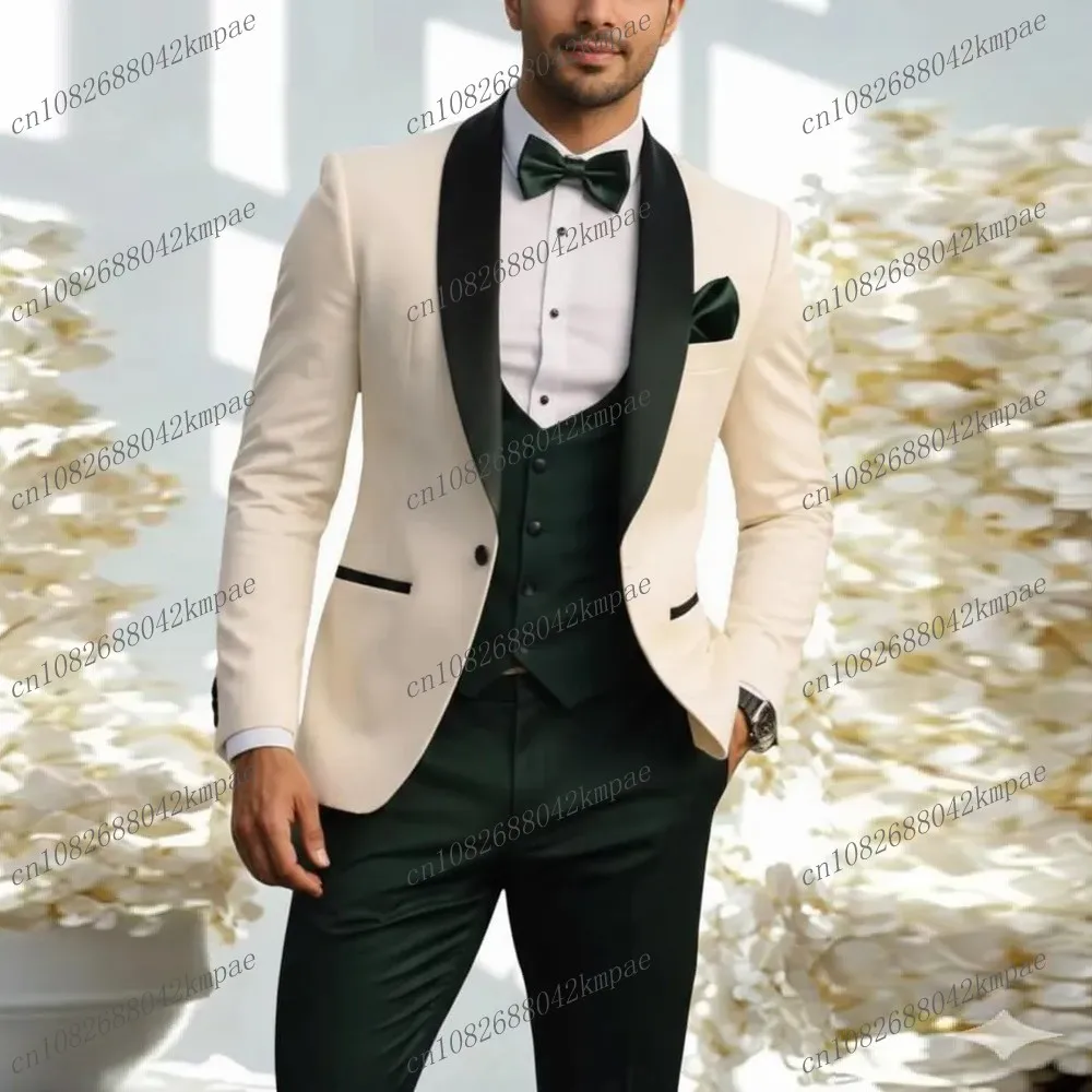 

White And Dark Green Men Suit Formal Groom Groomsman Wedding Party Prom Business Male Tuxedos 3 Piece Set Blazer Vest Pants