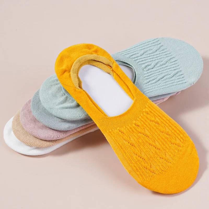 

5 Pairs Women Cotton Low Cut Socks Solid Snowflake Softable Summer Silicone Non-slip Deep Mouth Prevent Heel Loss Slipper Socks