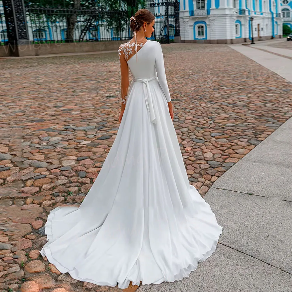 فساتين زفاف نسائية رائعة على شكل حرف A بأكمام طويلة ورقبة دائرية رداء De Mariée فساتين عروس مخصصة مزينة بفيستدو دي نوفيا