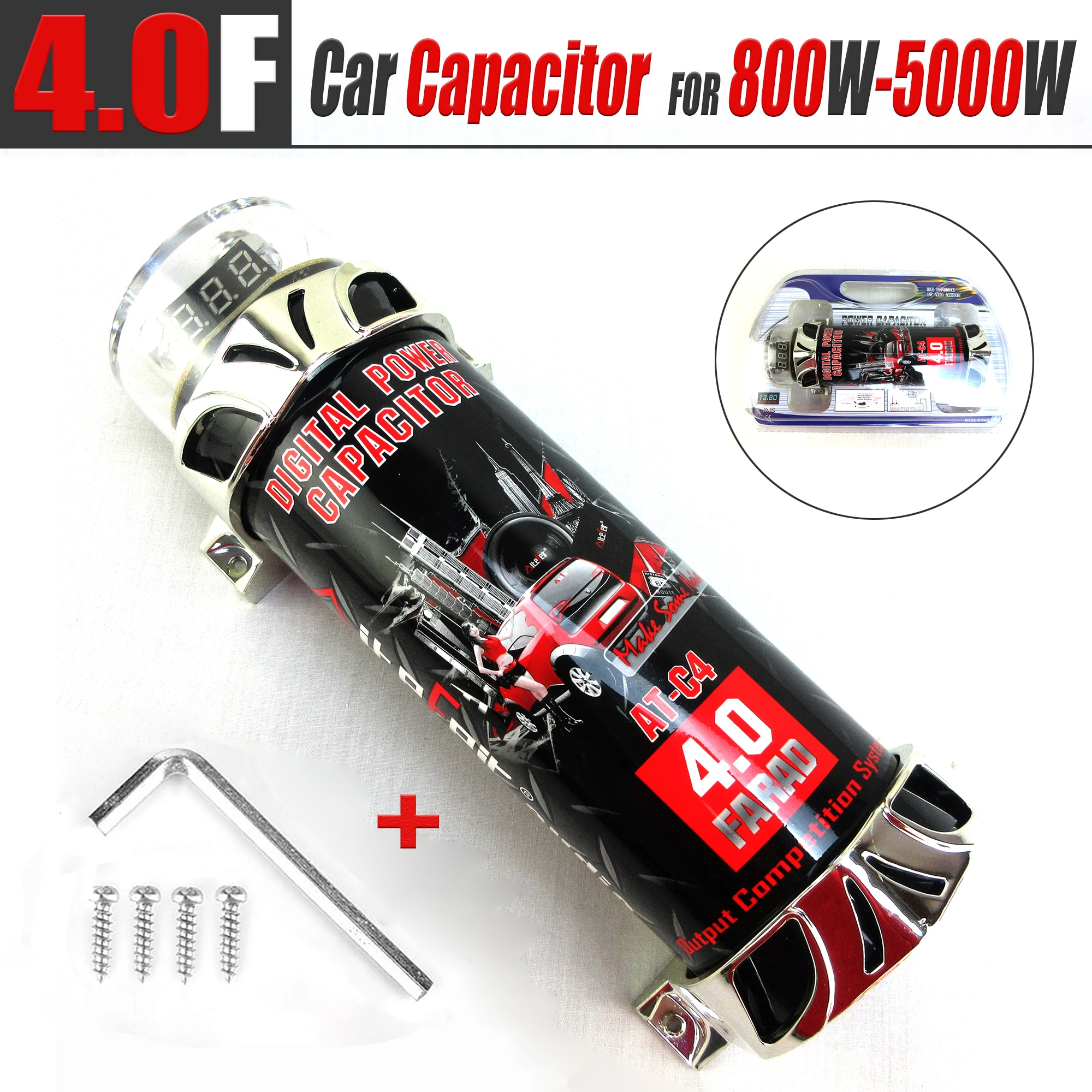

4.0 Farad Car Audio Capacitor Power 800W-5000W Power Regulator LED Voltage Display Audio Modification Amplifier Capacitor