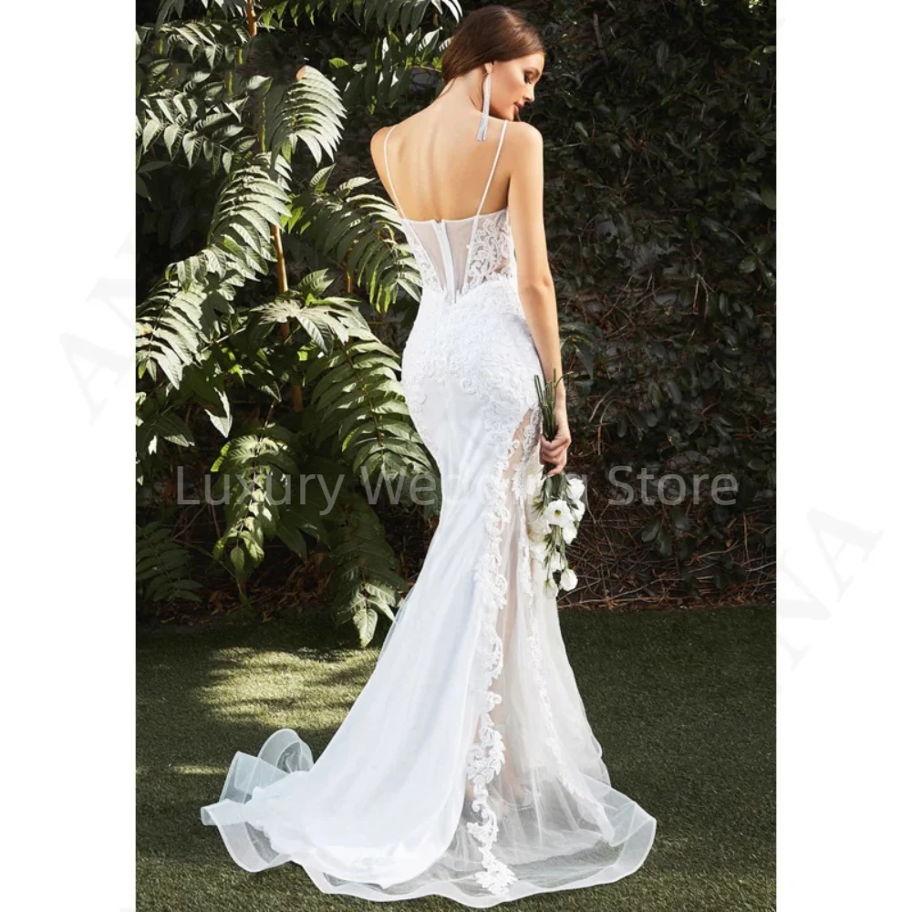 Simple Mermaid Wedding Dresses for Women Boho Sexy V-Neck Bridal Gowns Zipper Backless Spaghetti Straps Vestidos De Novia W10399