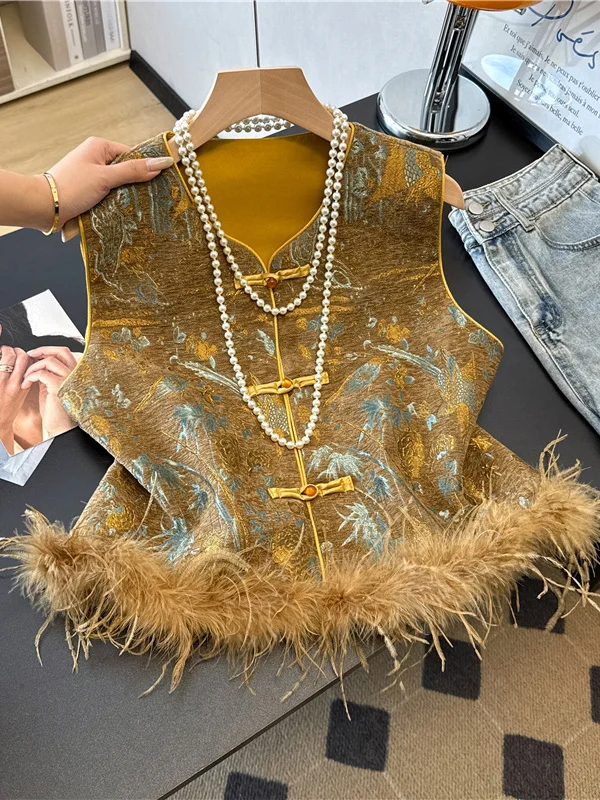 

Ele Chinese Sle Embroidered Bird Feather Vest Women's Top Buttoned Svel High Quali Autumn Faion 2025