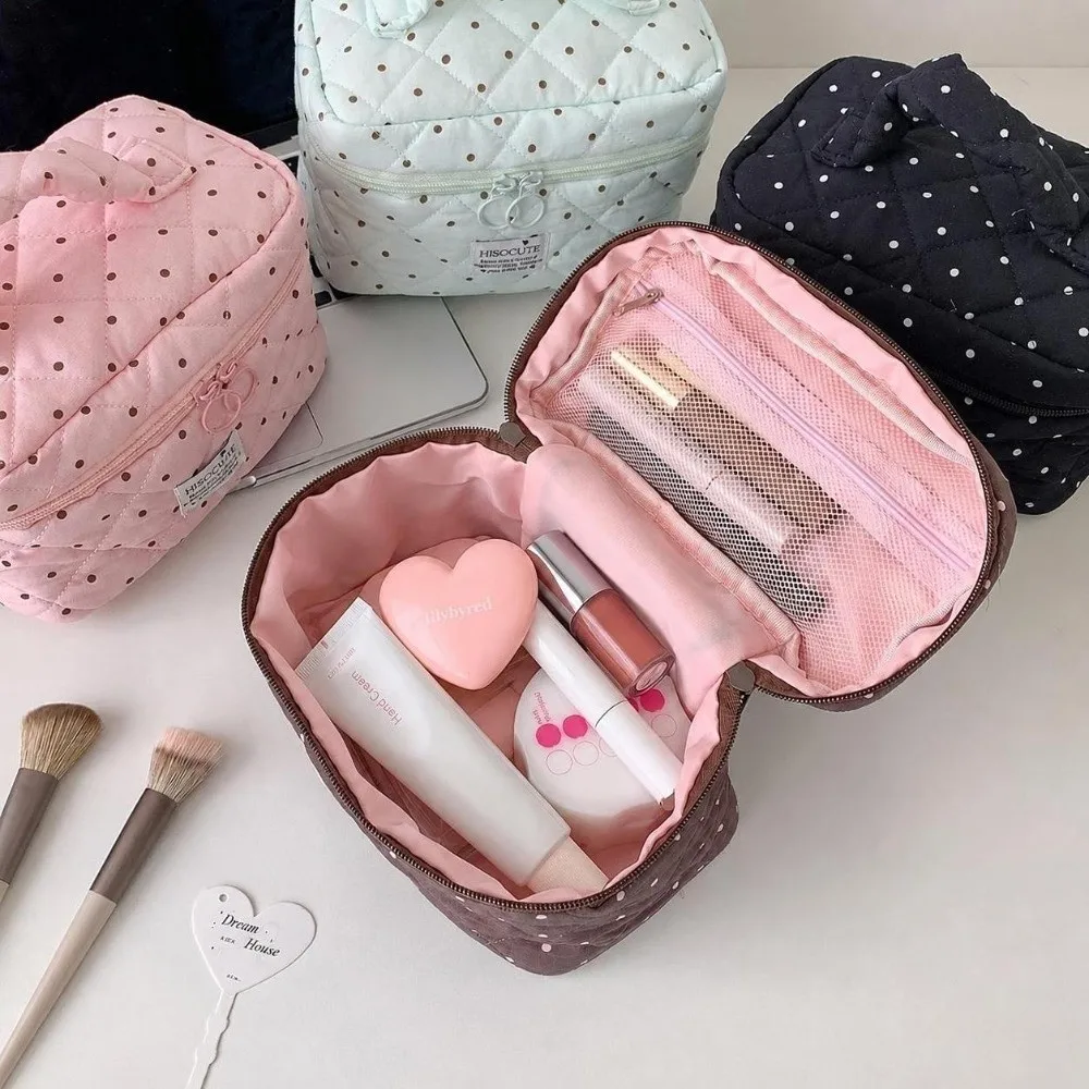 Kawaii Polka Dot Pattern Quilted Makeup Bag Large Capacity With Handle Travel Toiletry Organizer Multipurpose Storage Bag Women