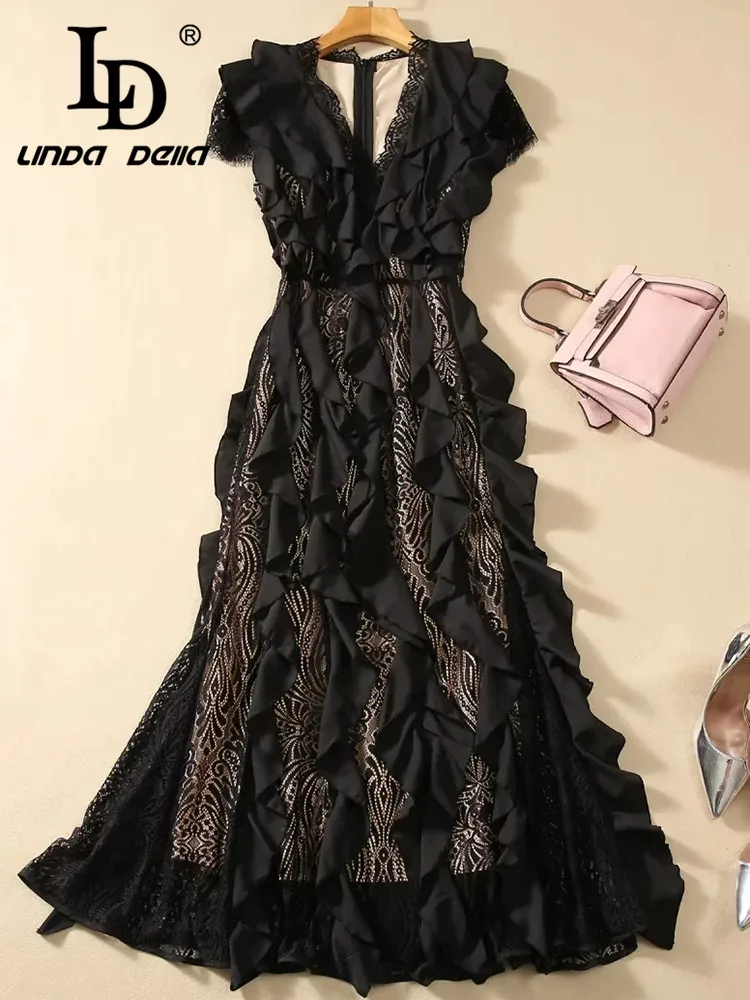 Imagem -05 - Linda Della-vestido Preto com Decote em v Feminino Gravado em Relevo Listrado Oco Estilo Italiano Luxo Verão Novo ld